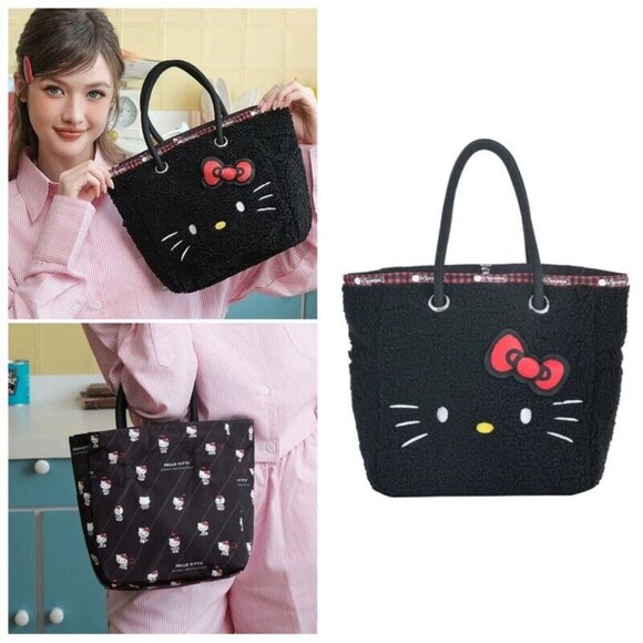 Lesportsac Hello Kitty Reversible 2-Way Smal Mini Tote Black Red Bow - Picture 2 of 4
